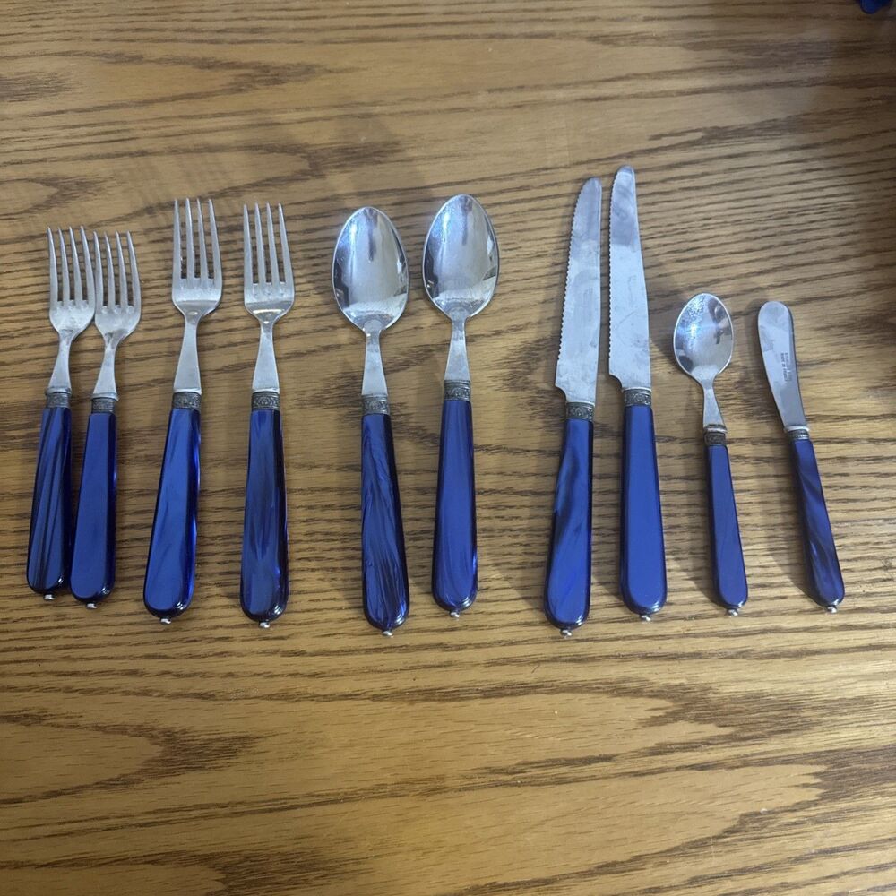 Sabatier France 18/10 Cannes Blue Flatware Set Button Bottom VTG Cutlery 10 Pc